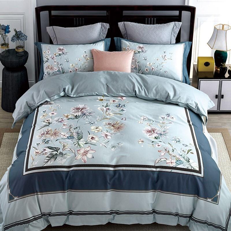 Tianqin Enchanting Blue Jade Brocade 4-Piece Long-Staple Cotton Bedding Set