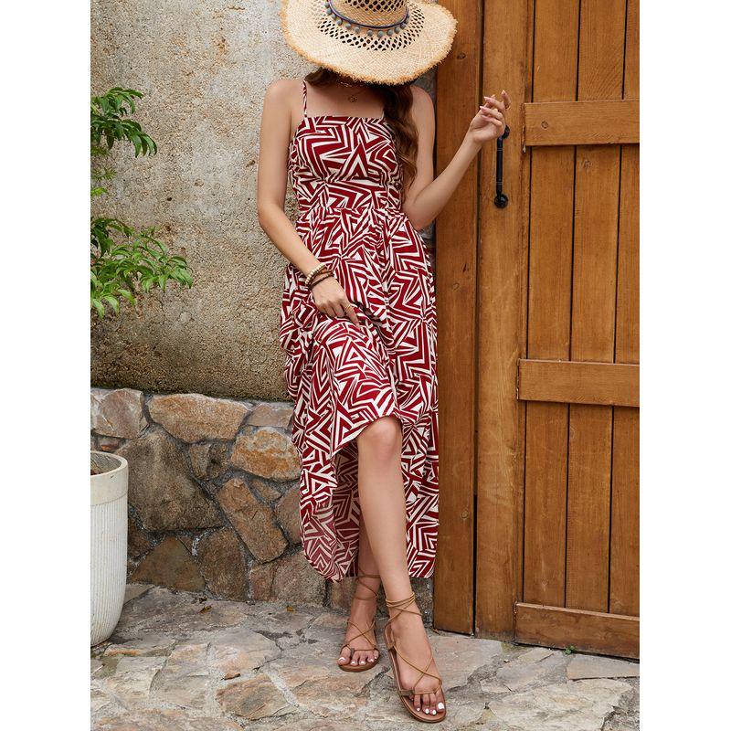 

Летнее Новое Платье-слинг с открытыми плечами, с нерегулярным геометрическим принтом, из хлопка и шелка, с открытой спиной, А-силуэта, повседневное, пляжное, женское Dark red XL