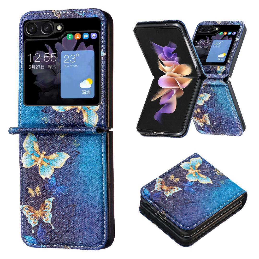 

For Samsung Galaxy Z Flip5 5G PU Leather+PC Phone Case Pattern Printing Protective Cover Golden Butterflies