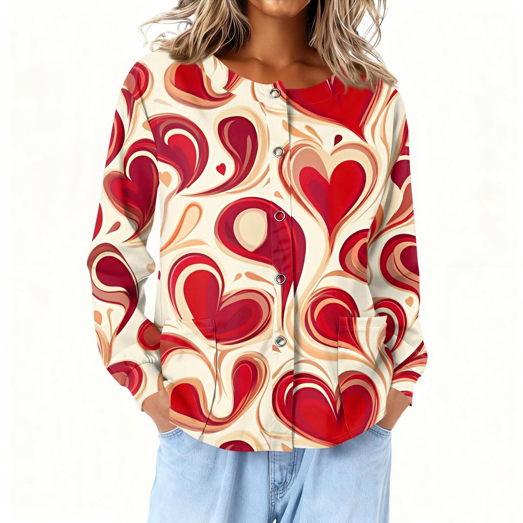 Women Long Sleeve Printed Pocket Working Stand Collar Single-breasted Protective Overalls Cardigan Jacket Top