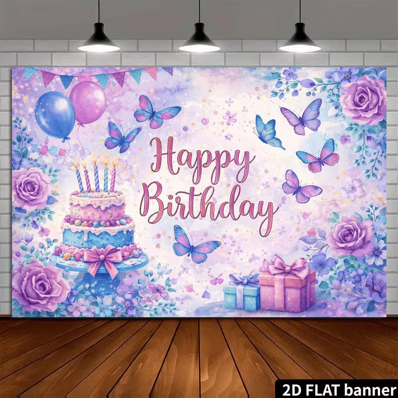 2D Cute Watercolor Butterfly Happy Birthday Backdrop Banner Party Decoration