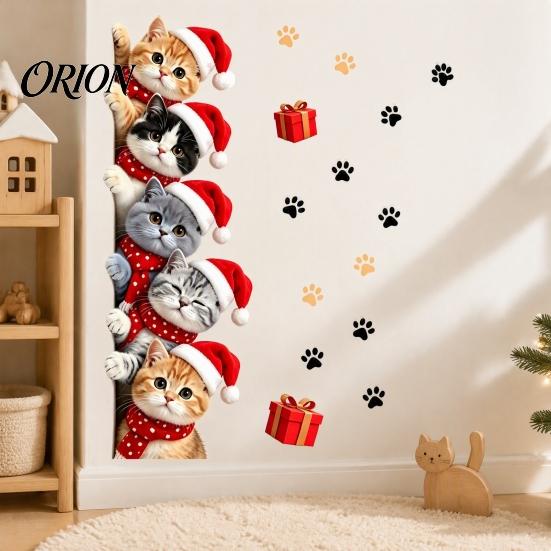 Self Adhesive Kitten Decals Christmas Cat Door Sticker, Cute Santa Hat Kittens Wall Decal, Waterproof PVC Festive Decor Sticker for Bedroom