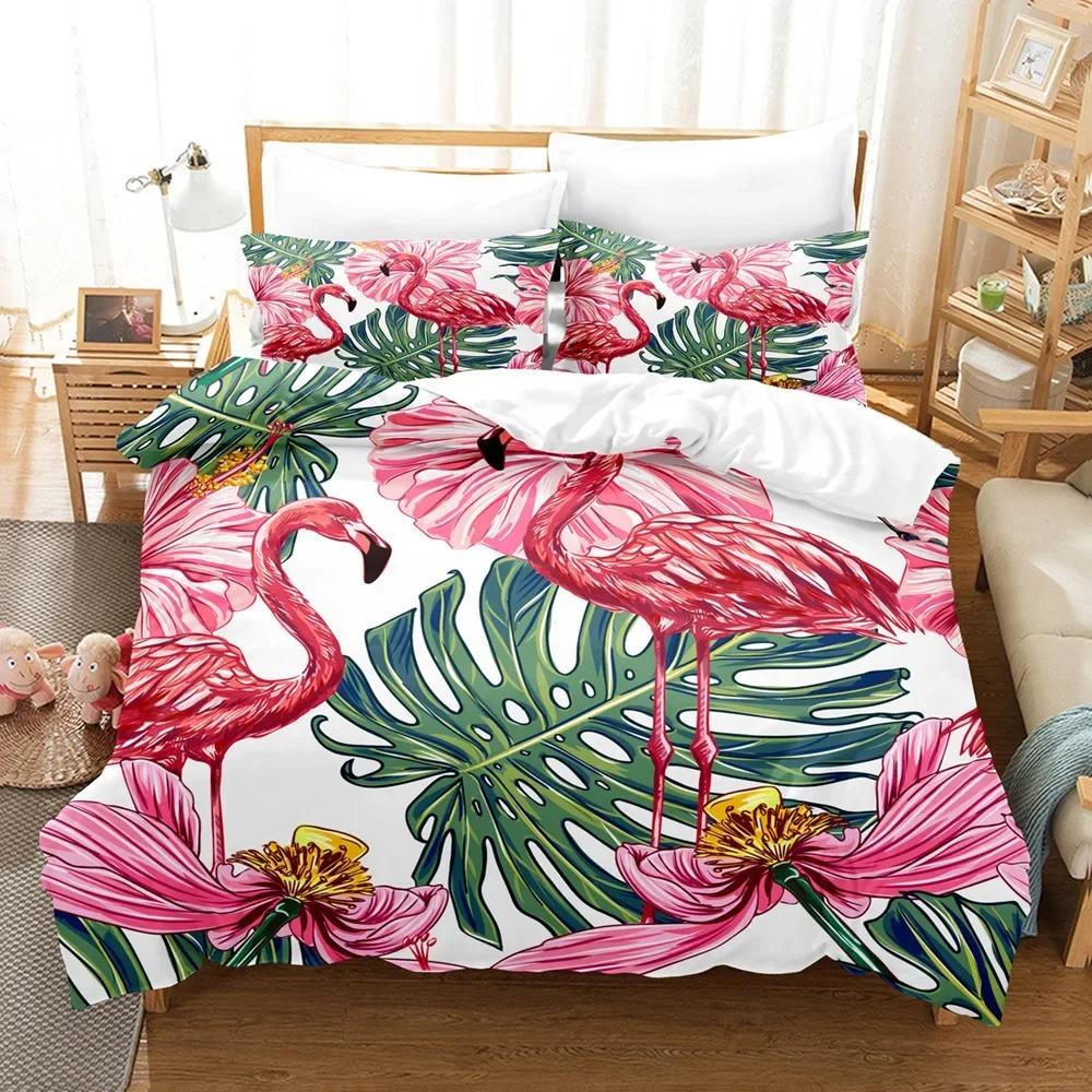 Flamingo Duvet Cover King/Queen Size Green Tropical Leaves Decor Bedding Set Palm Tree Flower Soft 2/3pcs Polyester Quilt Cover