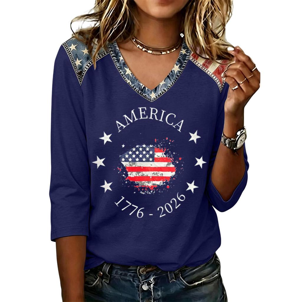 Long Sleeve Shirts for Women Womens Long Sleeve Tops Long Sleeve Tops for Women Womens Long Sleeve T Shirts Flag Print V Neck Tee