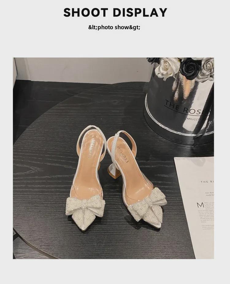 2024 Summer Women's Pearl Bow Transparent High Heel Sandals