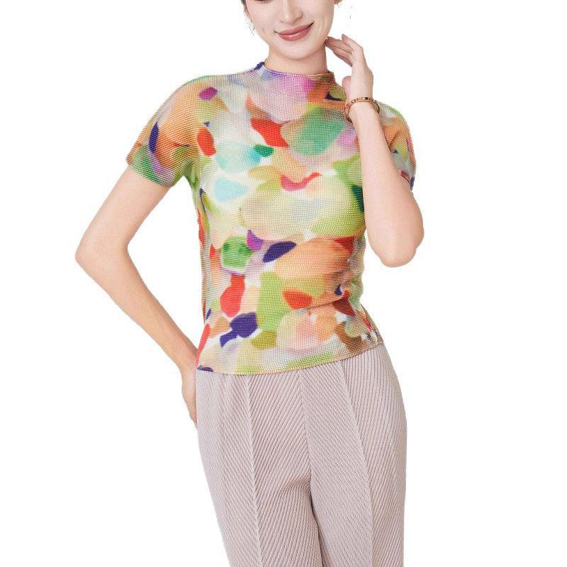 Miyake Stil Plissee Druck Slim Fit Kurzarm Damen Sommer T-Shirt