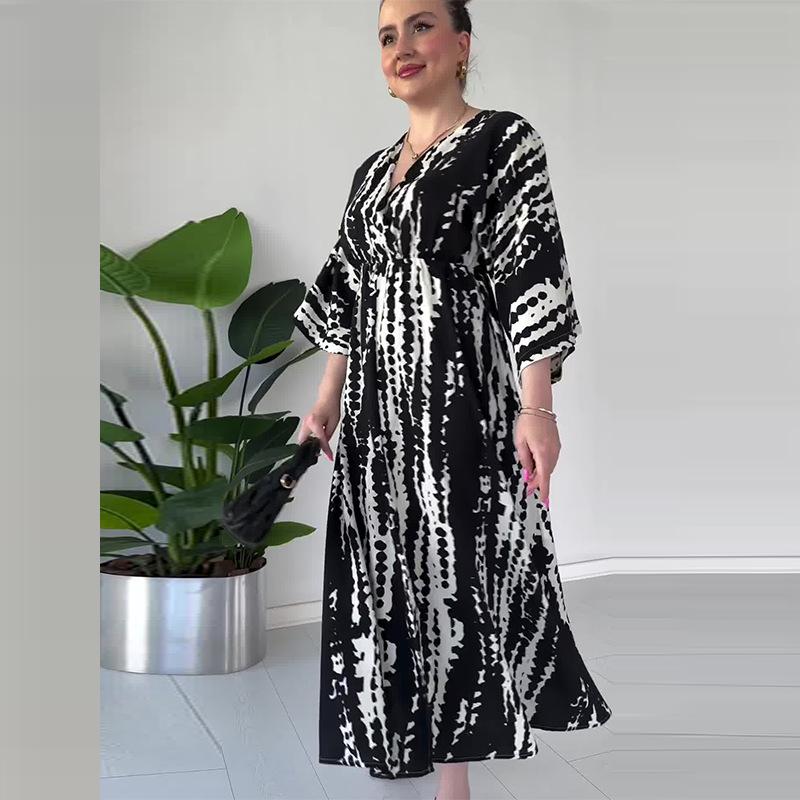 2024 Summer V-Neck Fashion Print Casual Loose Long-Sleeved Dress for Women