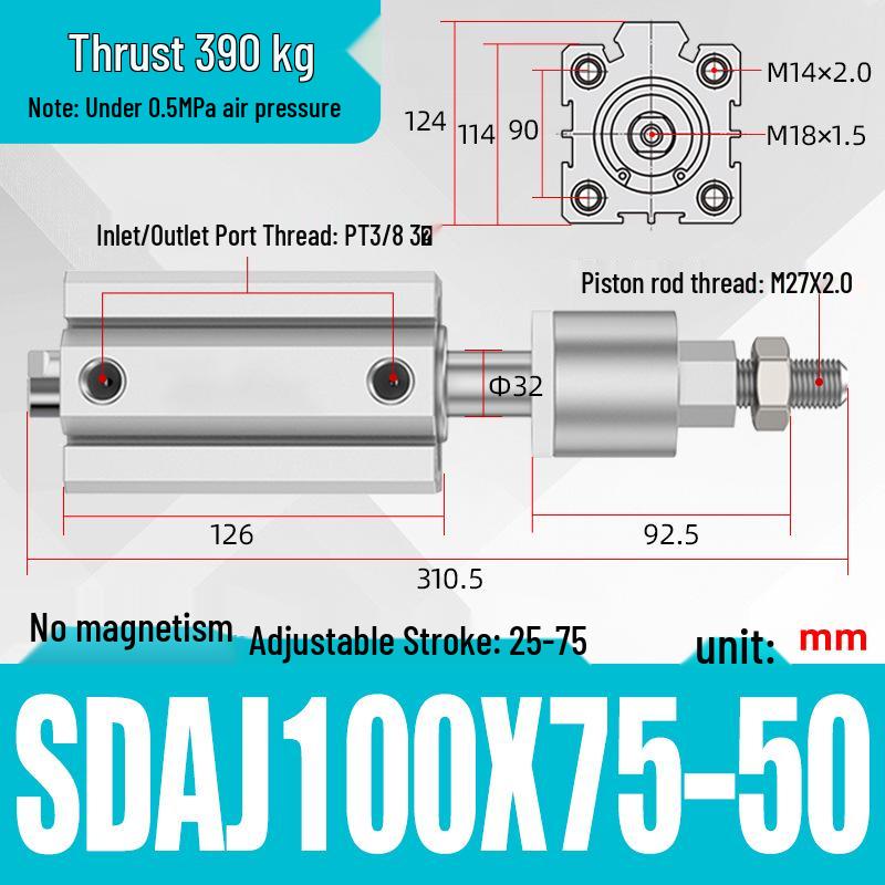 Adjustable Stroke Pneumatic Thin Cylinder - Piston Rod Sizes: 16/20/25/32/40/63
