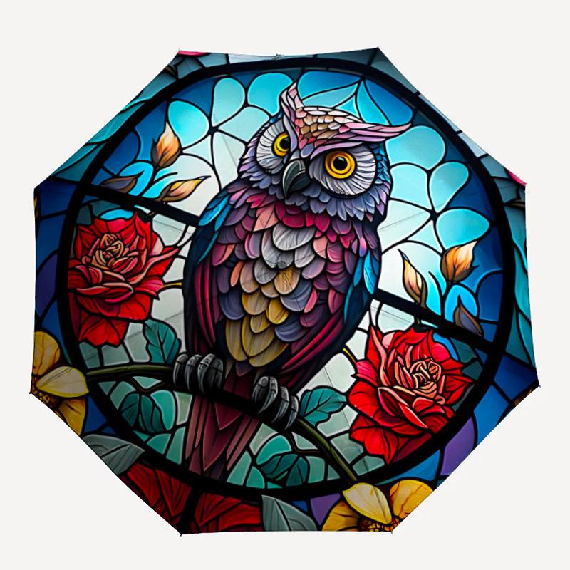 

1pc Stained Glass Owl Pattern Automatic Folding Umbrella - Compact 8-Rib Design, Durable Plastic & Iron, Lightweight for Outdoor Daily Use029