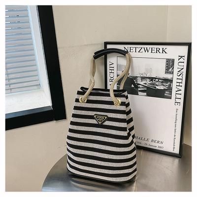 2025 Summer Striped Vintage Fashion Casual Simple Canvas Bucket Bag Shoulder Underarm Bag Ladies