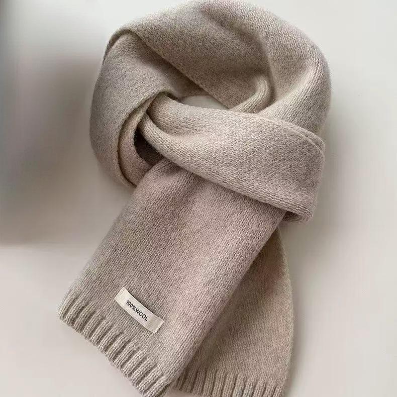 100% Wool Knit Cashmere-Style Scarf: Versatile Solid Color for Men and Women, Korean Winter Fashion