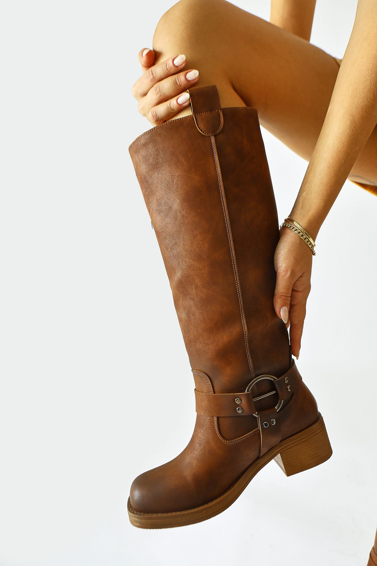 

Women Modern Stylish Fashion Boots Boots Soleil Tan Belt Detail Pull On Boots 36