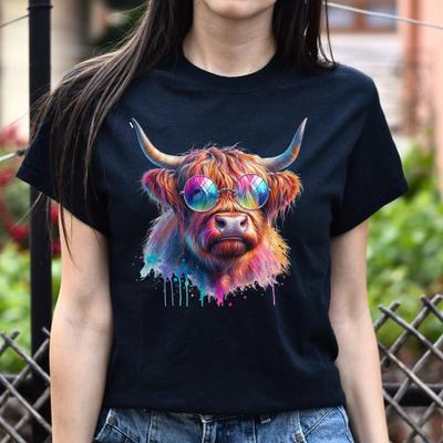 Highland Cow Color Splash Unisex T-Shirt Cool Bull Black Navy Dark Heather