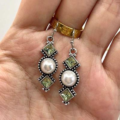Square Drill Elegant Eardrop Exquisite Earrings Vintage Fashion Green Dangle Drop Jewelry