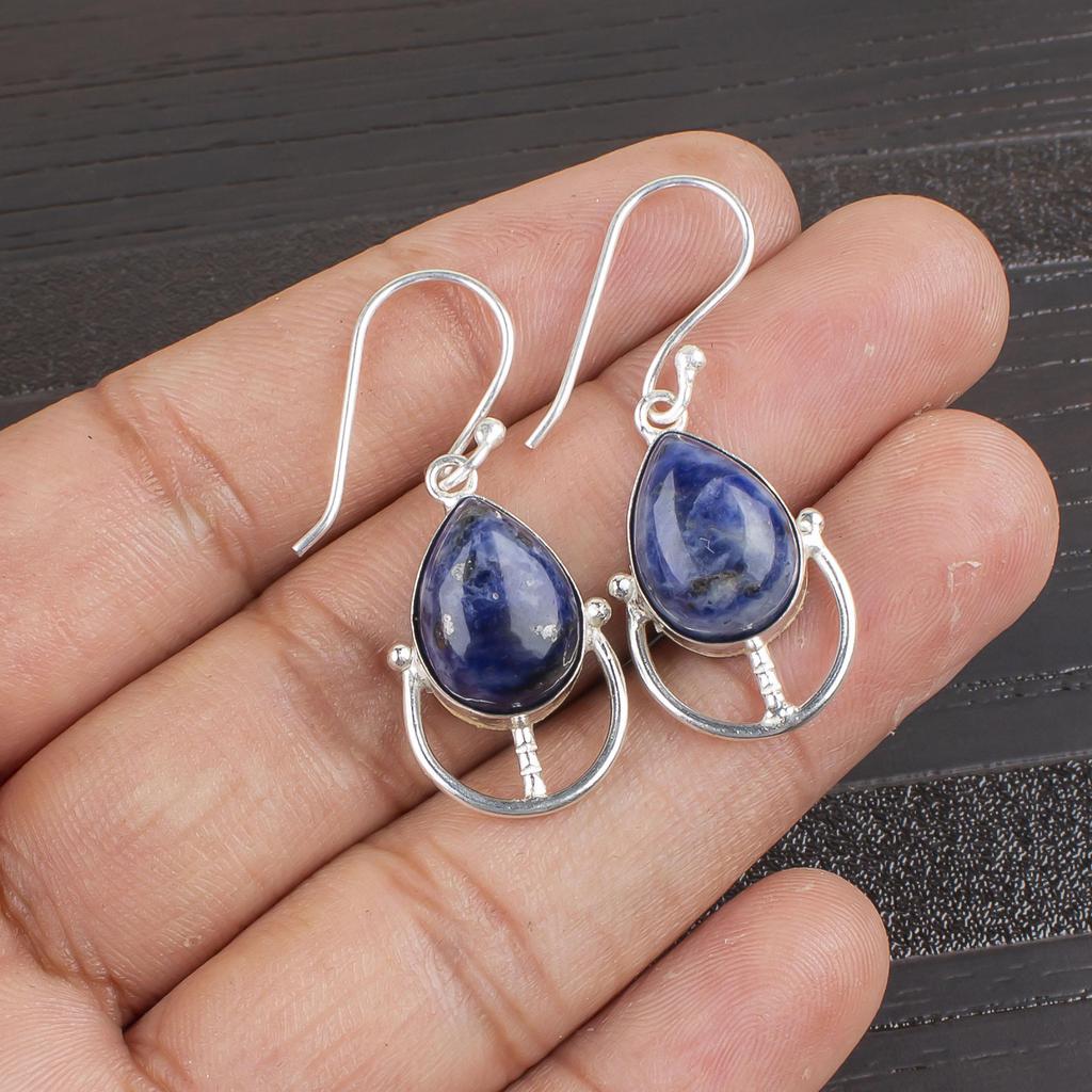 Brincos de pedra preciosa feitos à mão de sodalita, brincos de prata esterlina sólida 925, joias antigas, brincos para presente de noivado