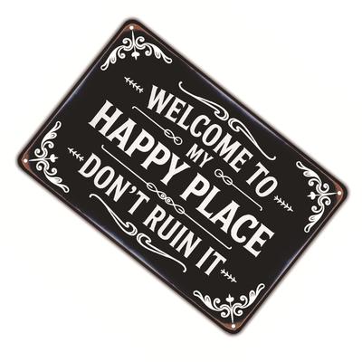 Happy Place Vintage Statement Tin Metal Sign Funny Rustic Style Metal Garden Door Sign for Entryway Porch Patio Home Decor