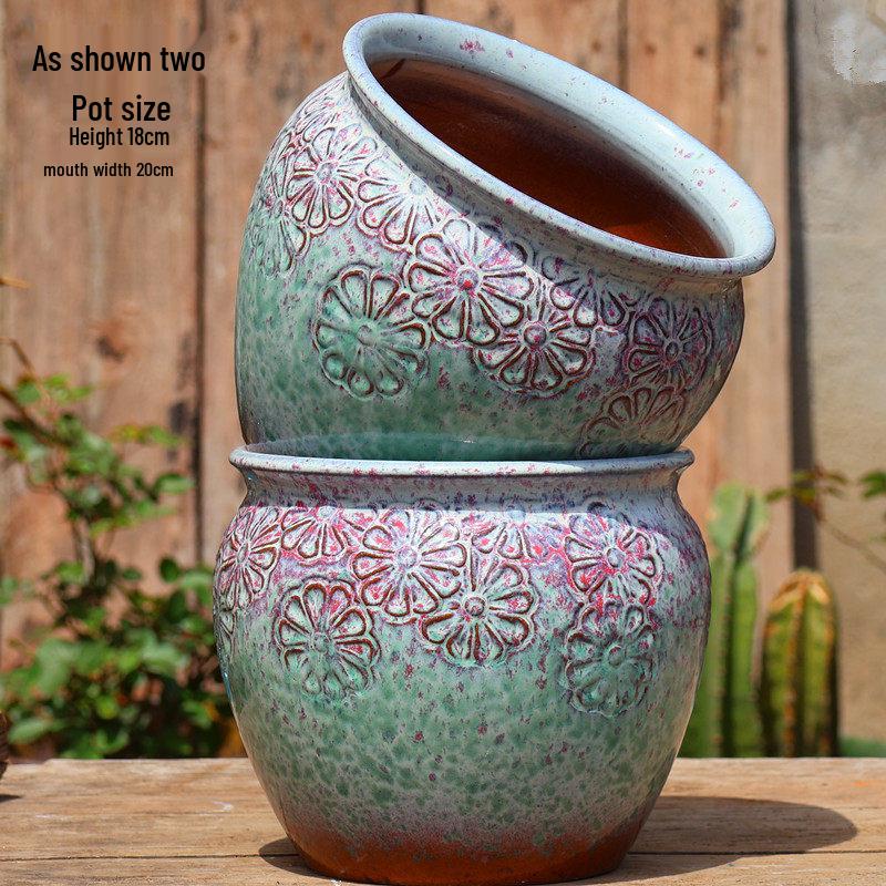 Handmade Embossed Rose Ceramic Pot for Succulents - Tall, Breathable Coarse Pottery Planter