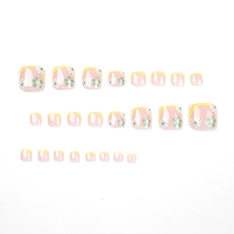 Yellow-Edged French Pedicure Nail Stickers with White & Green Flowers