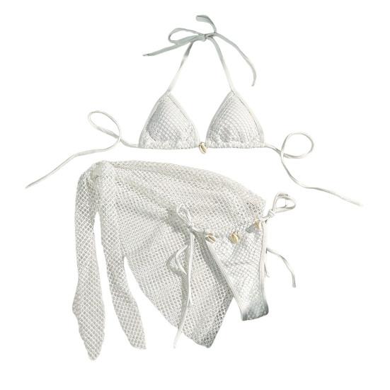 

3 шт./комплект Купальник Комплект Халтер Накладки на грудь Бюстгальтер без косточек Плавки Юбка-накидка Комплект Раздельный Бикини Сетчатый Купальник S белый