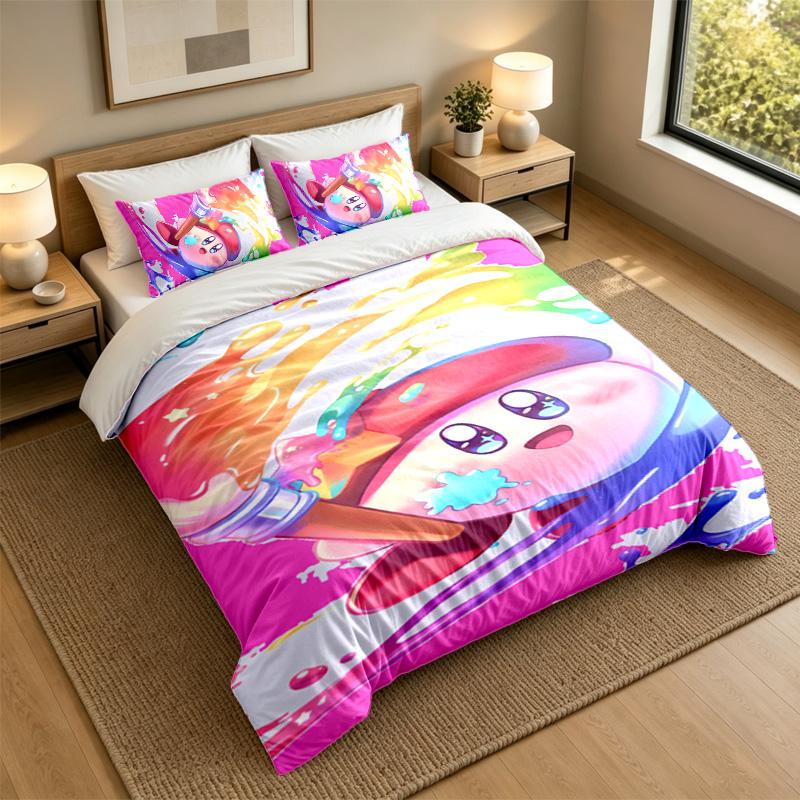 Soft Bedding Set Kirby Pattern, 1 Duvet Cover Plus 2 Pillowcases Stylish Bedroom Home Textile