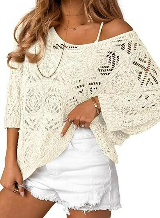 2025 Spring-Summer Crochet Hollow Seven-Sleeve Knit Pullover