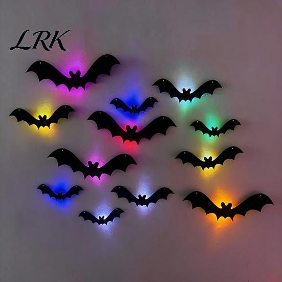 Seasonal Atmosphere Accessories Halloween 3D Lighted Bat Wall Decor, Removable Felt Bats Stickers, Assorted Black Night Light Size, LED Glowing Clings