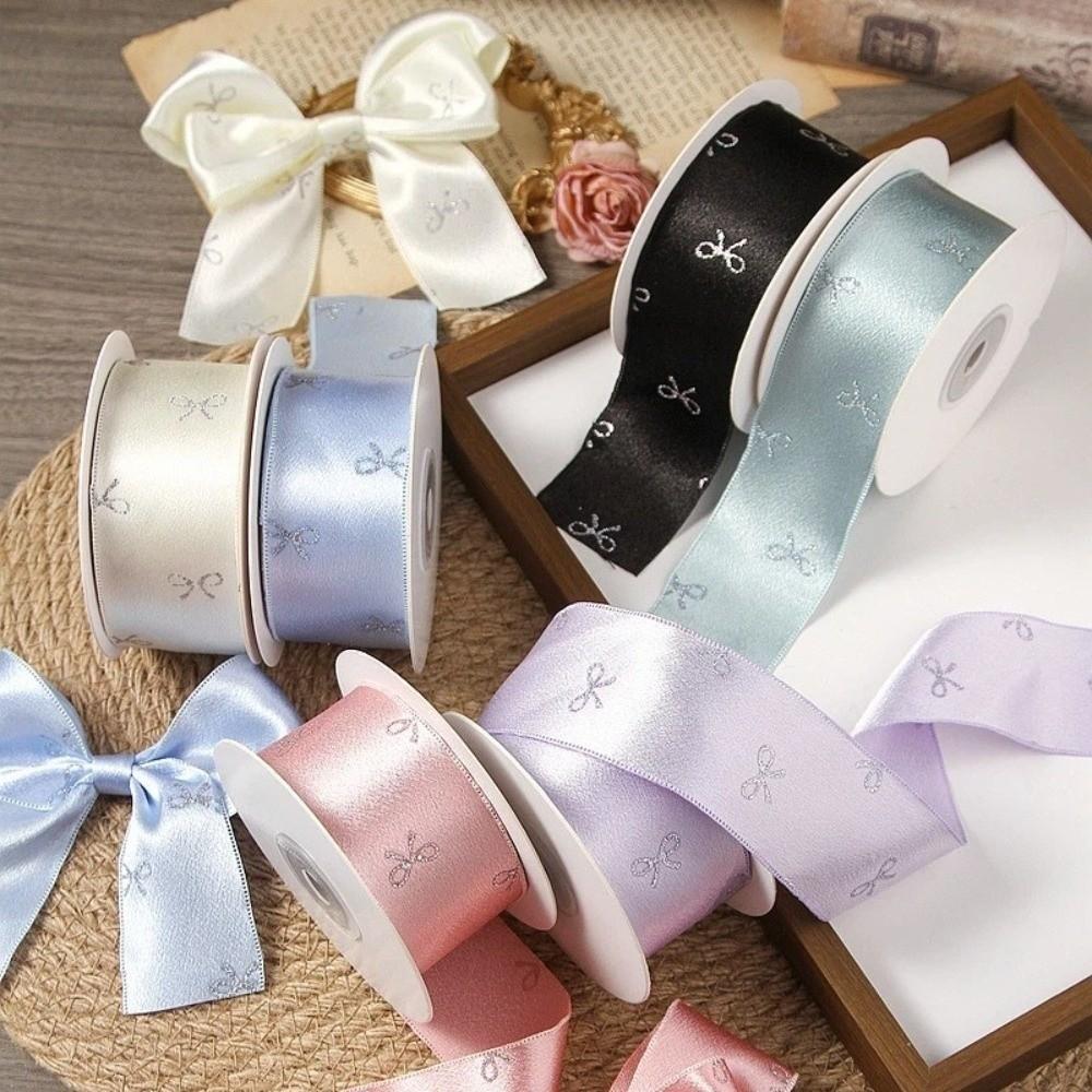 40mm Gift Wrapping Ribbons Bow Print Silk Ribbon Decoration Silver Foil Bow Ribbons  Gift