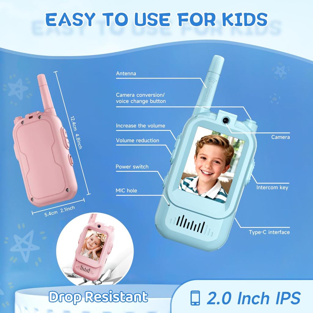 Video Walkie Talkies for Kids 2 Pack Rechargeable Toddler Toys for Indoor Camping Travel Birthday Gfits for Kids Ages 3-12