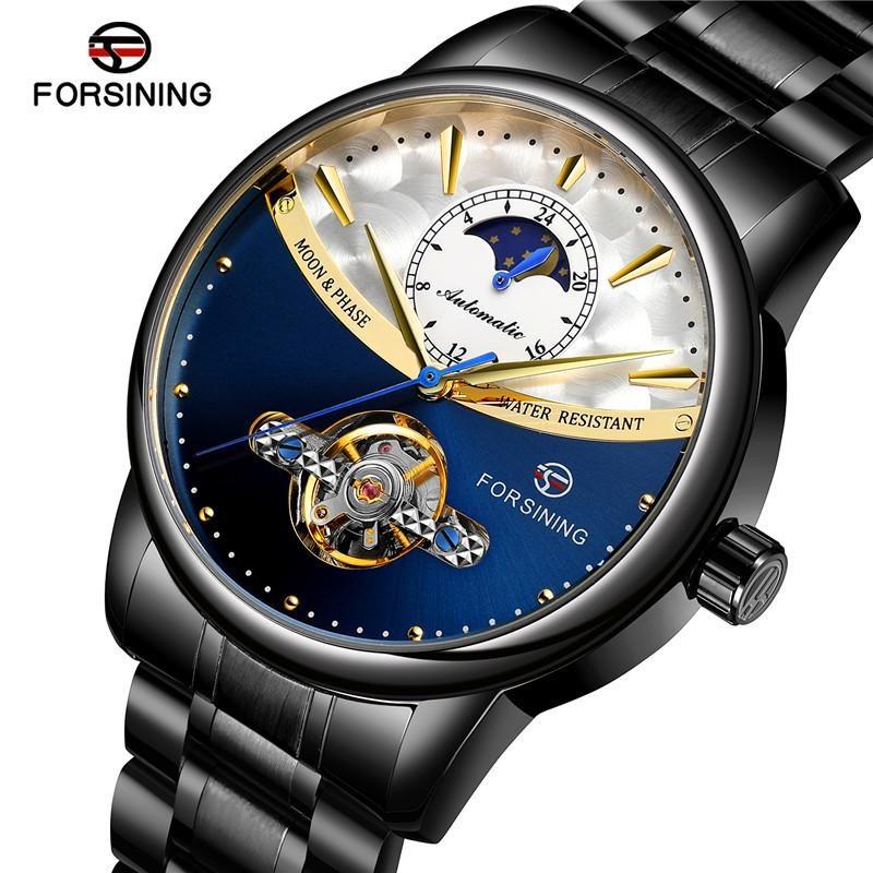 FORSINING Men's Moon Phase Tourbillon Watch Luxury Self-wind Mechanical Automatic Waterproof Retro Watches Stainless Steel Band Wristwatch