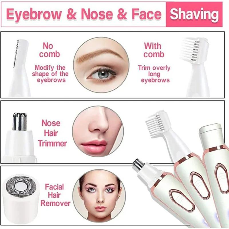 4 In 1 Electric Hair Removal Device Painless Epilator For Face Nose Legs and Underarm Bikini Trimmer for Women Wet & Dry