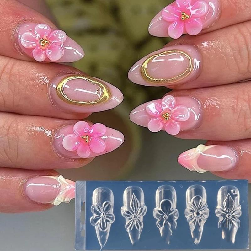 3D Spring Flower Nail Silicone Nail Carving Mold Lily Hibiscus Resin Design Nail Art Print Stencils Diy Manicure Mold Tools