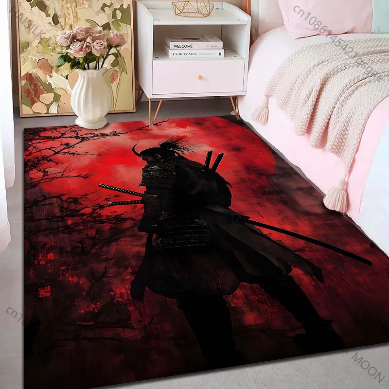 1PC Samurai with Red Moon Backdrop Print Carpet Rug for Living Room Bedroom Sofa Doormat Home Decor Non-slip Floor Mat