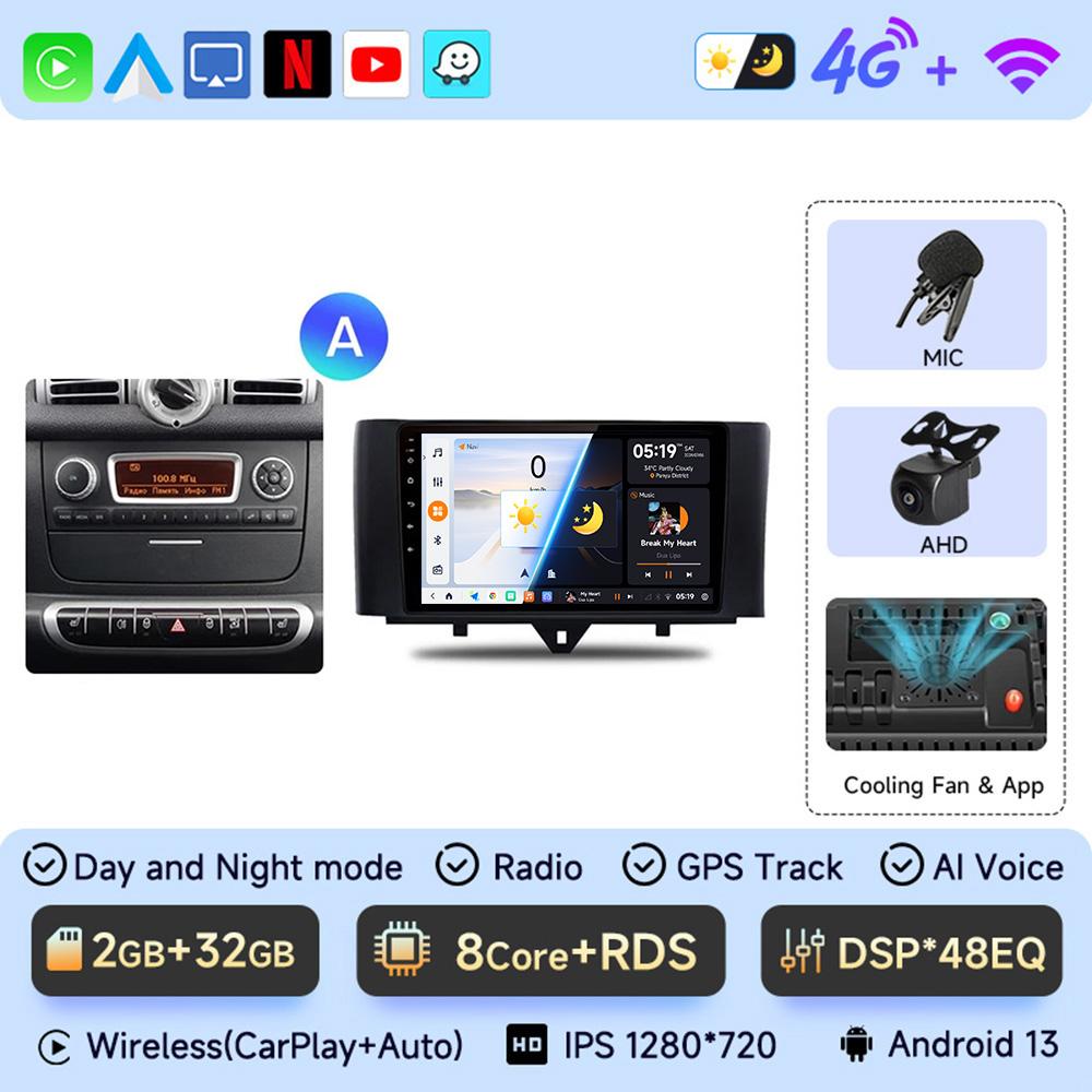 JIUYIN Android 13 Auto Radio Smart Fortwo 451 2005 - 2015 Wireless Carplay 4G Car Multimedia GPS 2din Autoradio