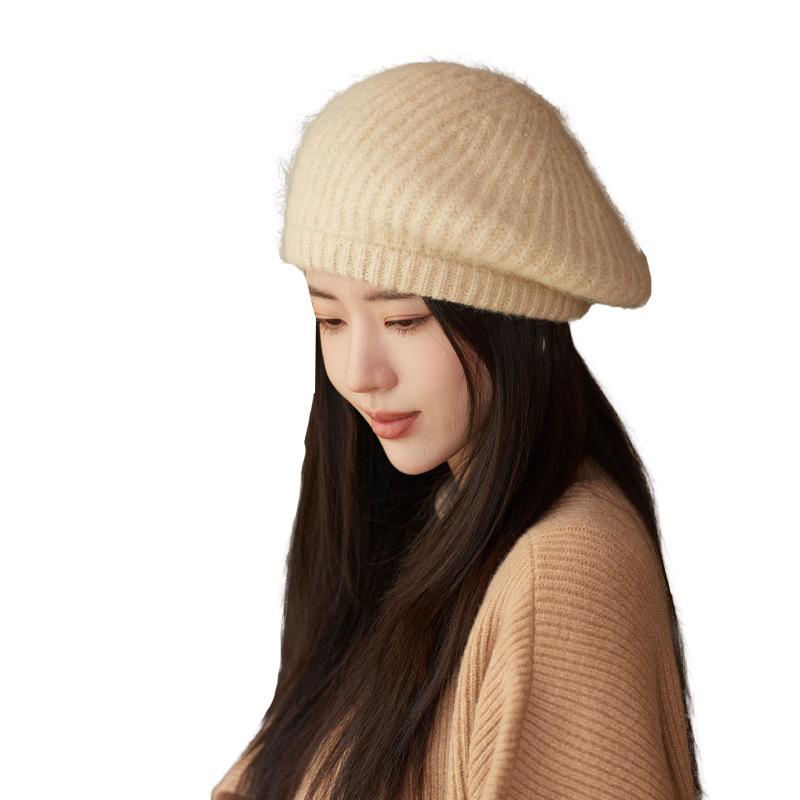 Korean Autumn and Winter Hat for Women Rabbit Wool Knitted Warm Wool Hat Solid Color Versatile Beret Literary Retro Painter Hat