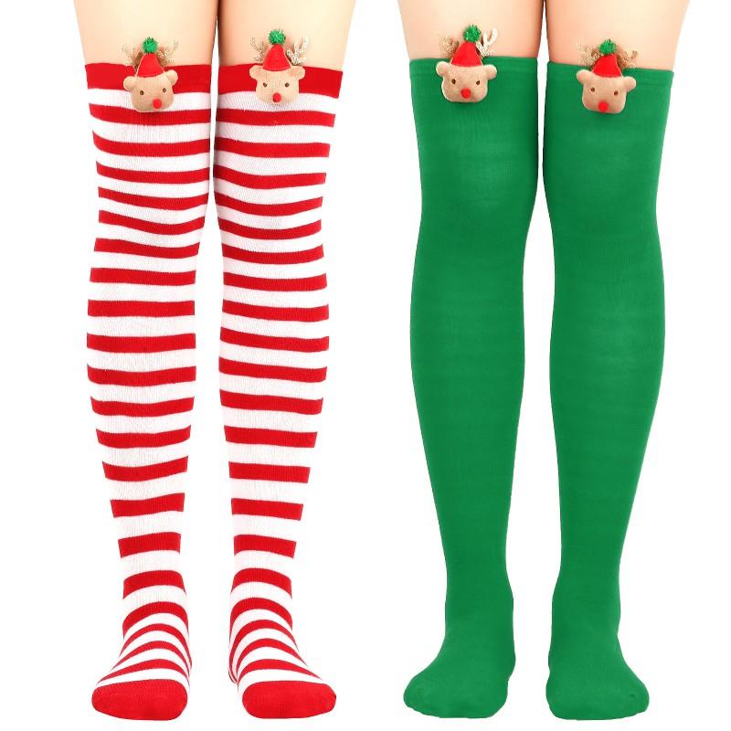 Womens Over Knee Socks Christmas Reindeer Striped Long Santa Claus Accessories