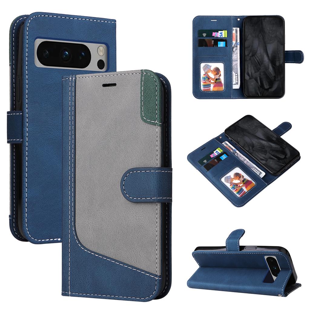 For Google Pixel 6,Pixel 6 Pro,Pixel 5A 5G,Pixel 7,Pixel 8...Three Color Patchwork Style Splicing Design PU Leather Flip Stand Wallet Phone Bag Case