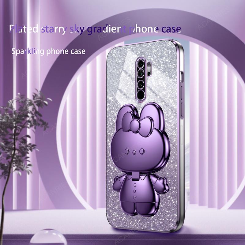 Cute 3D Rabbit Makeup Mirror Stand Plating Soft Case For Xiaomi Redmi Note 8 Pro 2021 Protect Glitter Back Cover On Note8 8pro