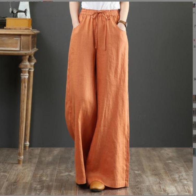 Fashion and Elegant Women Wide Leg Pants Loose Cotton Linen Trousers Casual Spring Summer Long Pants S оранжевый