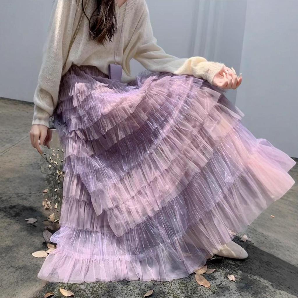 Fairy Embroidered Mesh High-Waist Fluffy Midi Skirt