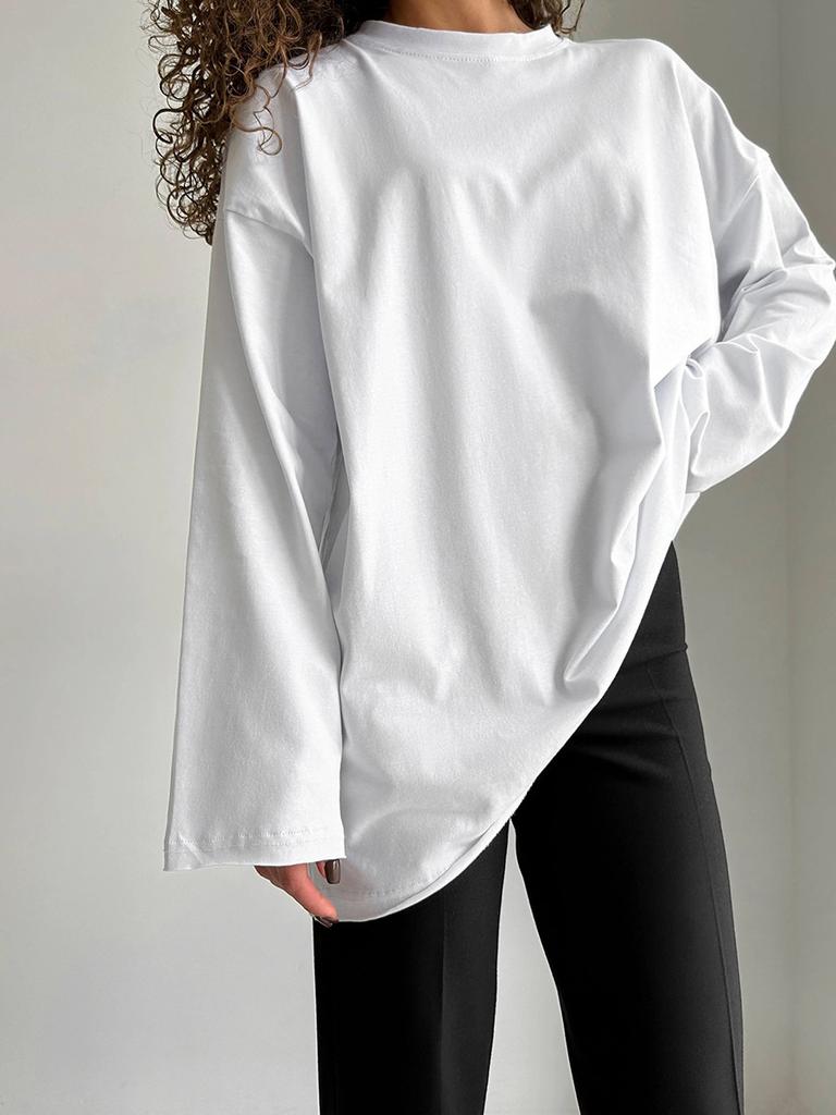 Damen Baumwoll-T-Shirt Frühling Neu Locker Einfarbig Oversize Rundhals Langarm T-Shirt Lässig Basic Oberteil