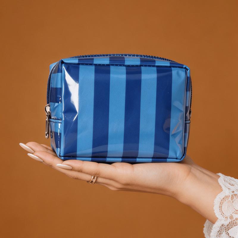Mini Waterproof PVC Striped Makeup Bag Easy To Clean Travel Toiletry Organizer for Kids Teens Adults Use