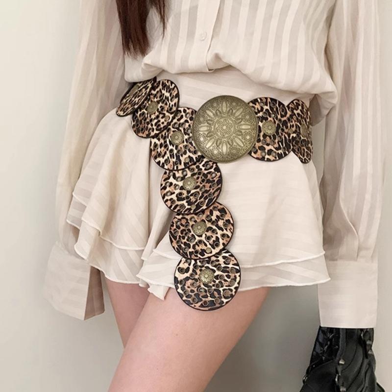 Stylish Leopard Wide Belt for Adult Western Waistband Ethnic PU Leather Embossing Buckle Waiststrap for Formal Dresses
