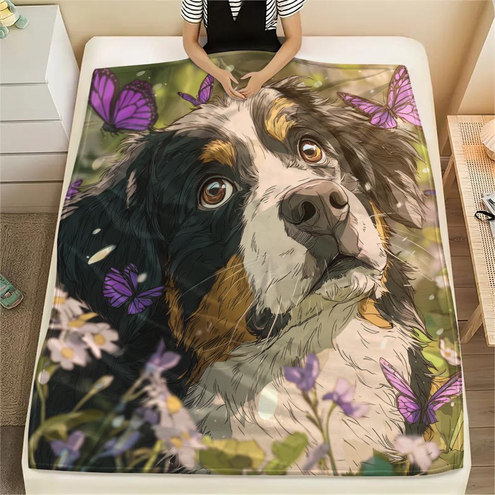 Bernese Mountain Dog and Flowers pattern Flannel Blanket, High quality Comfortable for All Seasons, Home Decor, Warmth and Comfort, Perfect for Gifts.