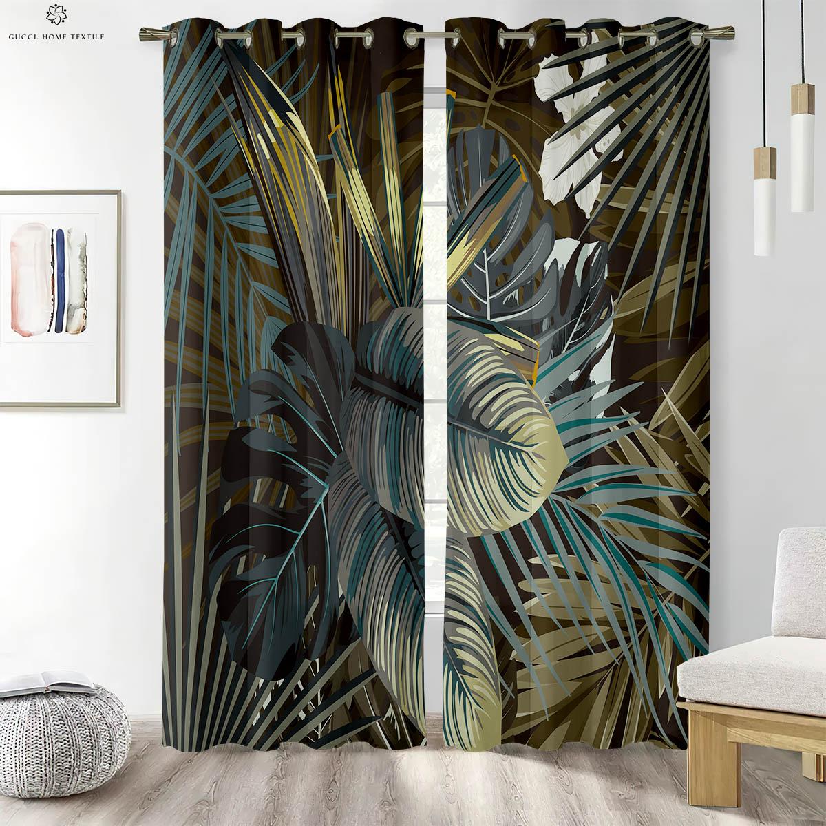 

Tropical Vegetation Green Plants Color Matching Nordic Style Printed Window Curtains Bedchamber Living Room Study Decorationation Curtains W50xH130(CM)x2PCS&Rod pocket