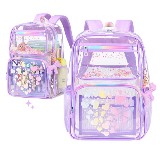 Kids Clear Backpack Waterproof Student Backpack with Love Heart Prints Book Bag with Front Zipper Pockets for Boys Girls School Street