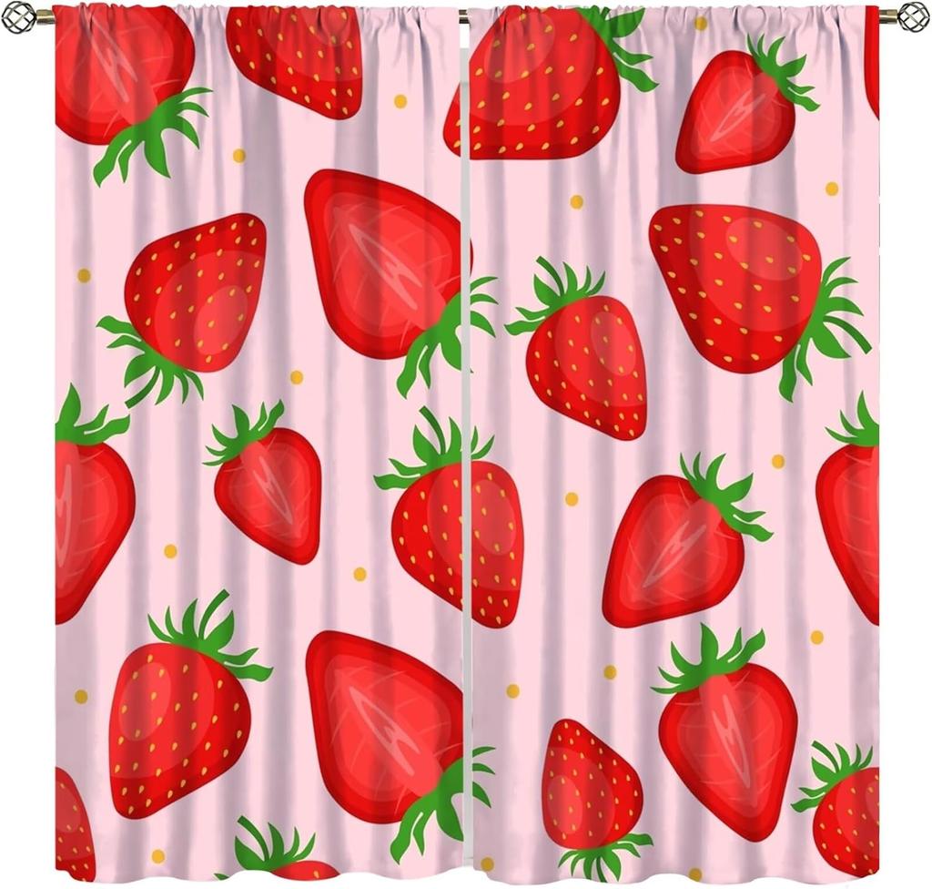 Fruit Window Curtains,Pink Cute Strawberry Green Leaves Flower Retro Art Print Window Drapes for Kids Girls Bedroom Living Room