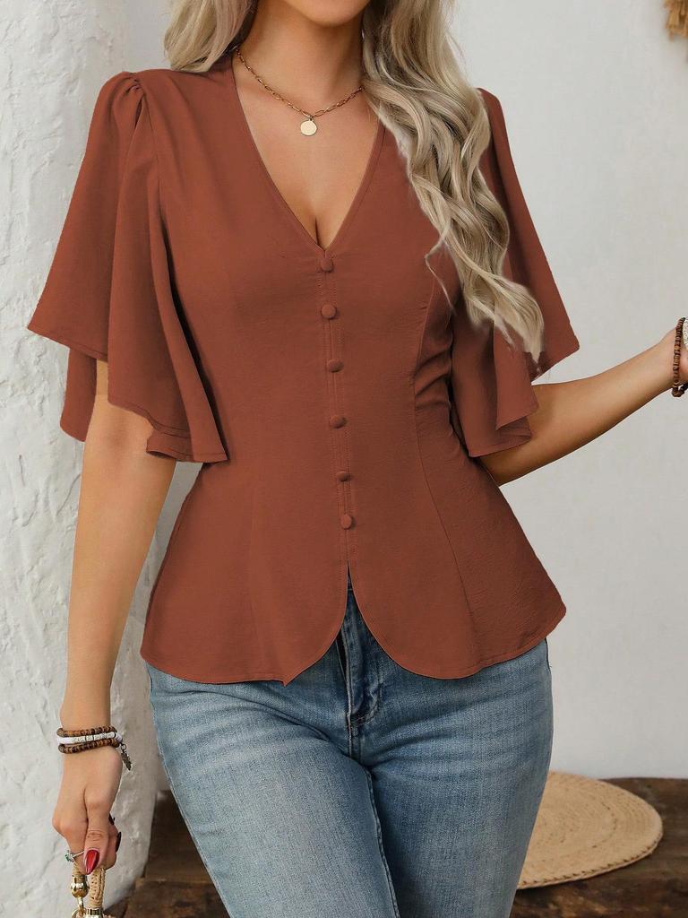 2026 European Style V-neck Waist-cinching Women's Short-sleeved Top