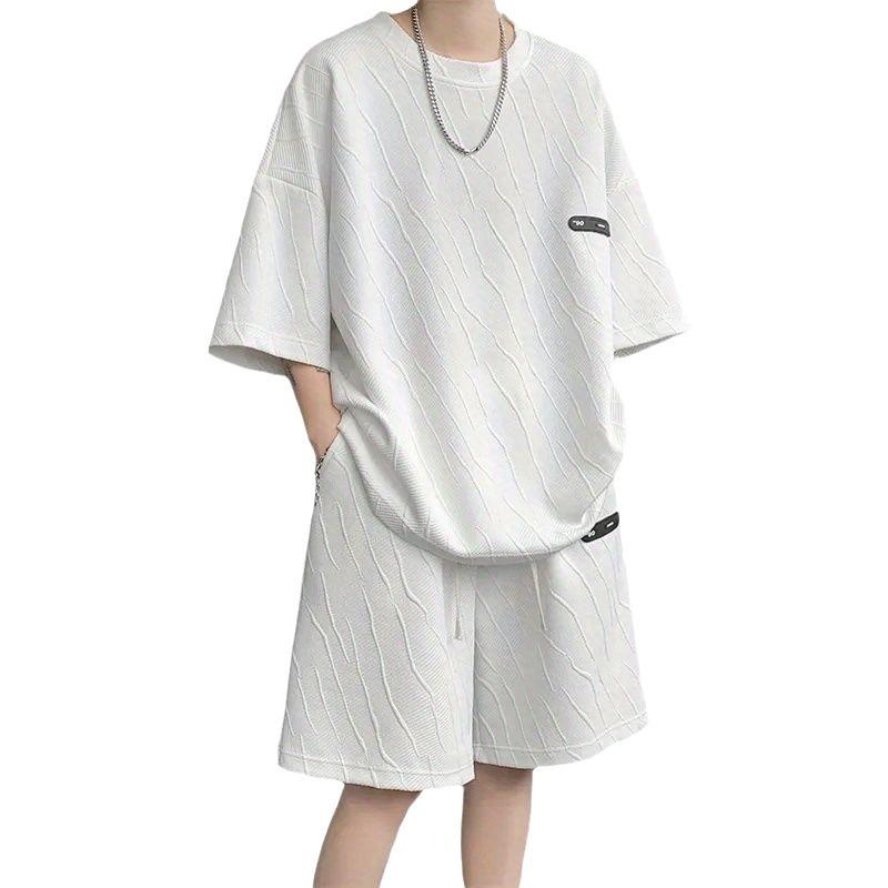 Autumn Waffle Sets Men's Casual T-Shirts + Shorts Set Male Sports Basketball Suit Tracksuit Loose Thicken Suits