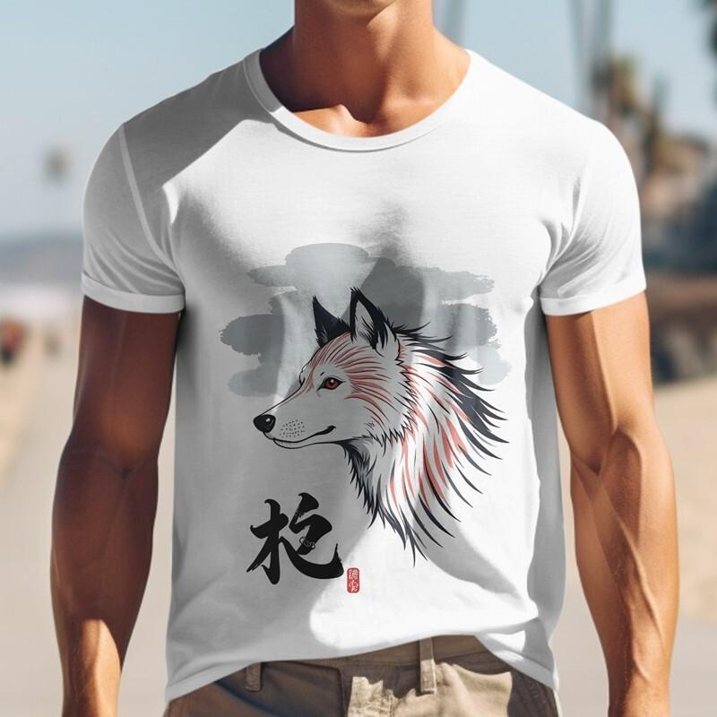 Men's T-shirt With Artistic Wolf Design Unisex White 100% Cotton Plus Size Tee