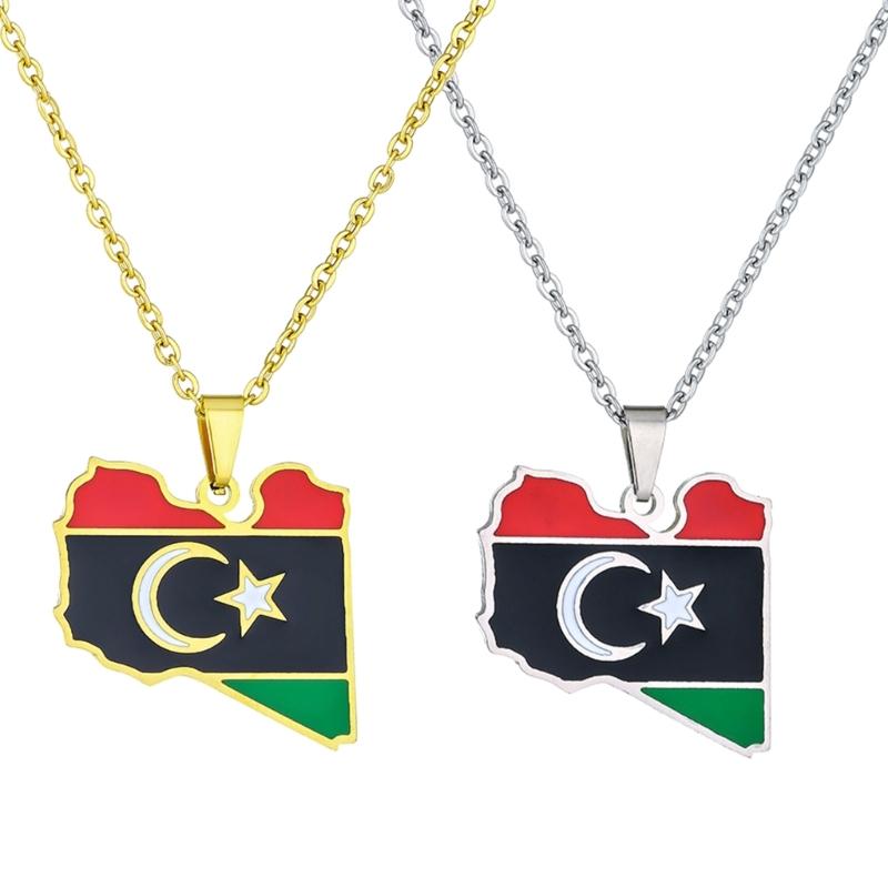 Stainless Steel Libya Flag Pendant Necklace Stylish Libya Map Necklace Durable Neck Jewelry Stainless Steel Material